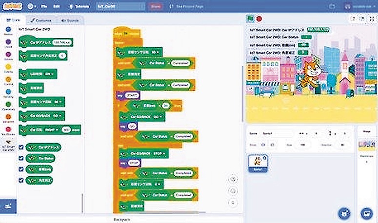 Scratch3専用ブロックによるプログラミング画面