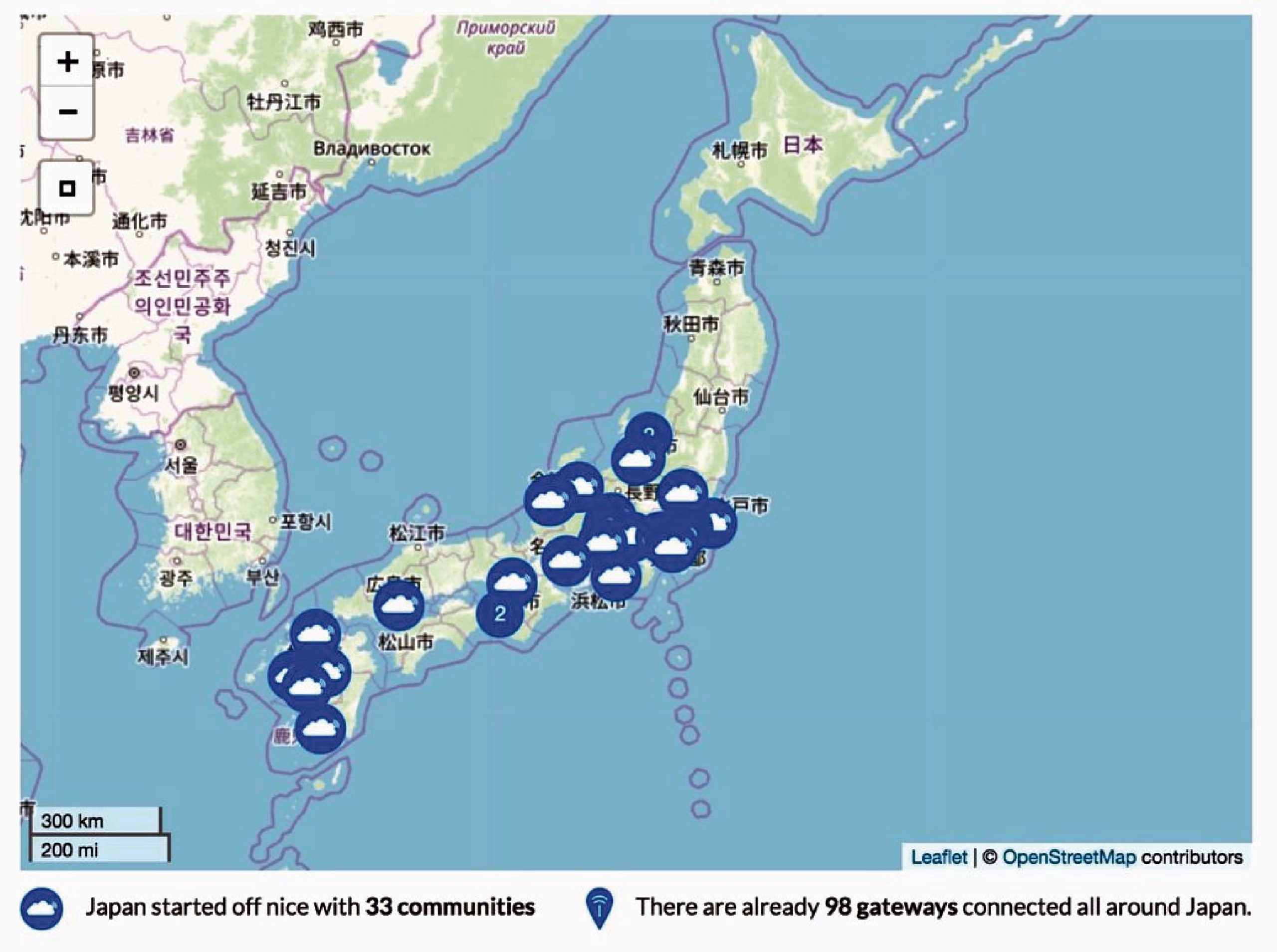 （図3）「The Things Network」は日本では現在、33の地域コミュニティーがあり、約100カ所で公開ゲートウエイが駆動している