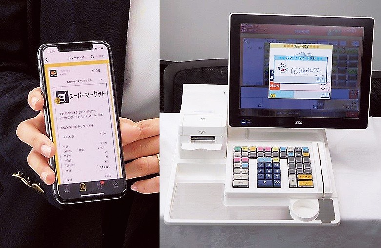 POSでのスマートレシートの発行（右）とスマホ画面