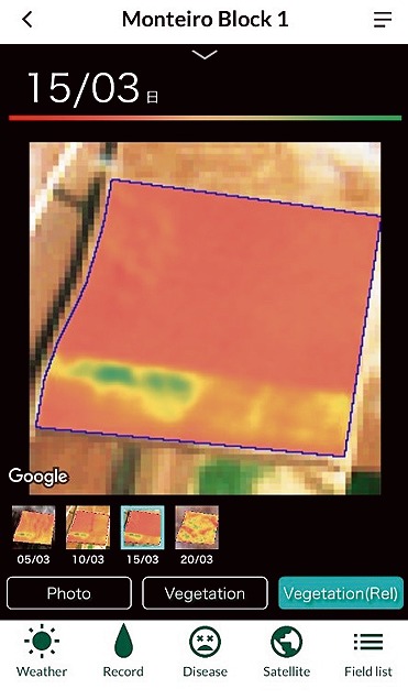 衛星画像から生育のバラつきを確認し、施肥をコントロールできる（提供＝NEC）