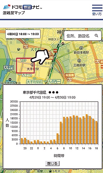 NTTドコモが提供する「混雑度マップ」の利用画面イメージ