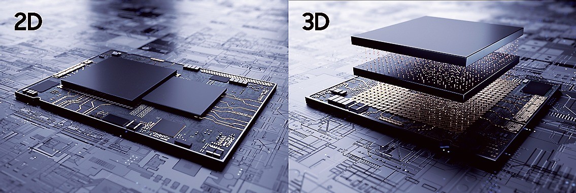 2D（左）と3Dパッケージングのイメージ図