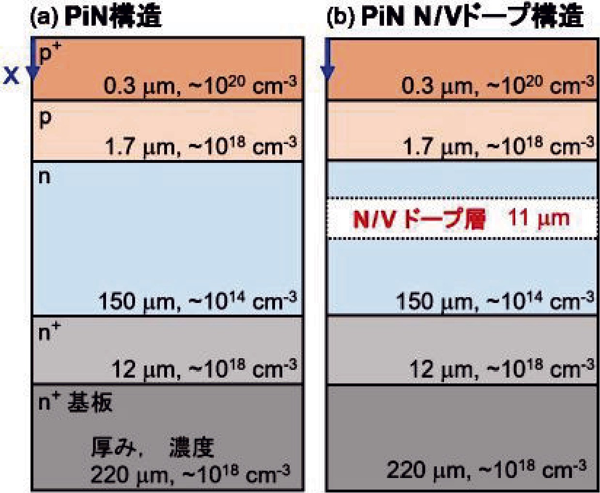 ［図2］測定したサンプルの断面構造図。n＋型基板の上にn＋型→n型→p型→p＋型という構成で、ダイオードとして機能する。（b）のサンプルではn型領域の中にバナジウム（V）のある層（N／V ドープ層）を入れており、ダイオードの性能を上げている