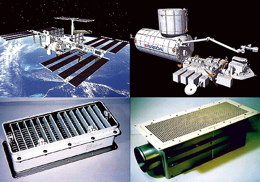 国際宇宙ステーション日本実験研究棟「きぼう」の空調機材ディフューザ（右下）