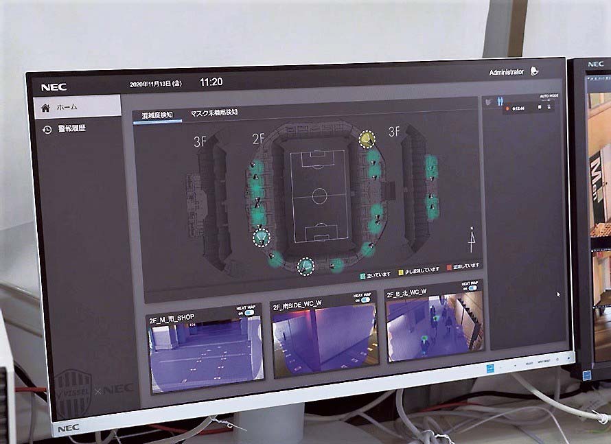 場内のマスク未着用者を検知し可視化している様子（提供＝NEC）