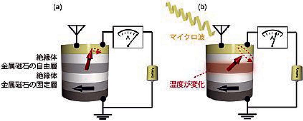 ［図2］磁石を使ったボロメータの原理を示す概略図。（a）マイクロ波を印加しない時と、（b）印加した時の素子の様子。矢印はそれぞれ金属磁石の自由層と固定層の磁極の向きを表し、自由層の磁極のみ自由に磁極が動く。この素子に電流を流すと磁極の向きが自発的に発振する。素子にマイクロ波が印加されると、マイクロ波によって素子に交流電流が流れ、磁石の温度が変化して、磁極の向きが変わる。磁極の向きが変わると、素子の抵抗値が変わるため、直流電圧として検出される