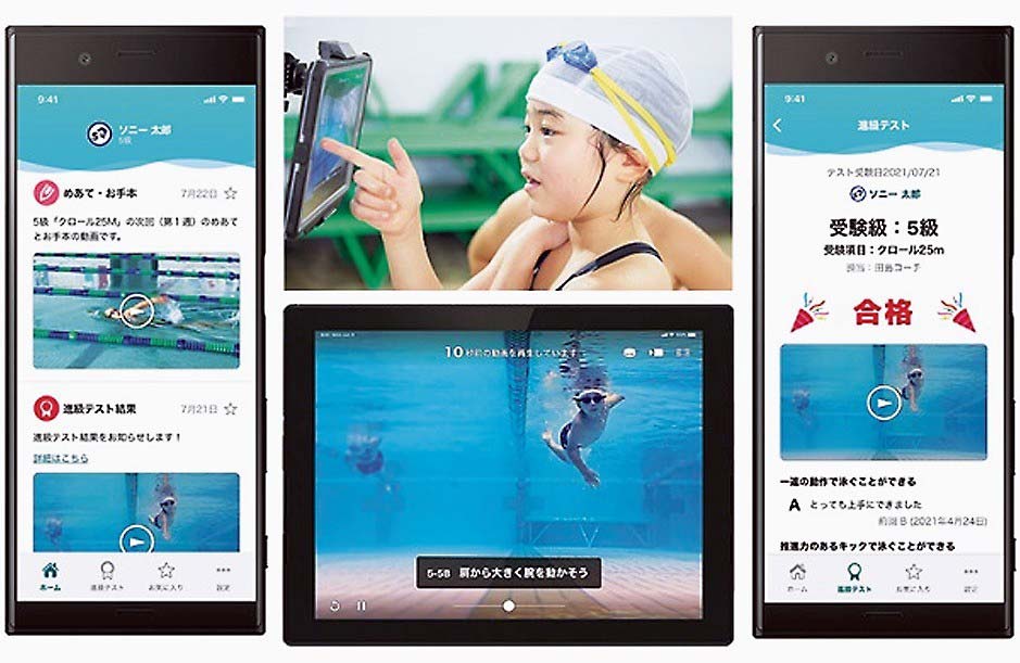 個人別ページで予習（左）したり、進級テスト結果を動画でお知らせを確認したり（写真右）できる。プールサイトのタブレットで自分の泳ぎをチェックすることも可能（中央）