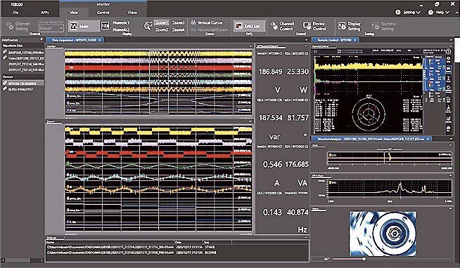 三相での電圧・電流波形や電力総和を表示する「IS8000」のPCストリーミング。落下試験の高速度カメラ画像も同期表示できる