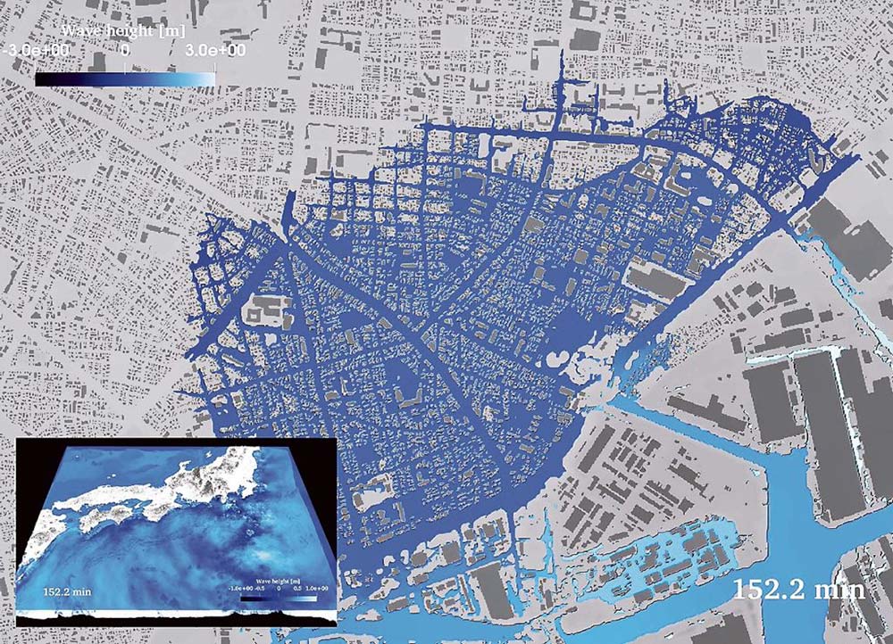 南海トラフ巨大地震を想定した場合の東京湾臨海部の浸水予測シミュレーションの様子（提供＝富士通）