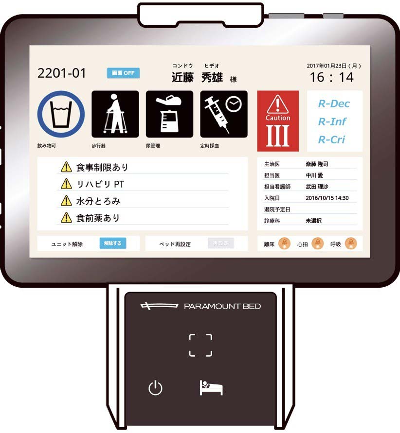 パラマウントの「スマートベッドシステム」。下の受信端末にテルモの測定器をかざすと体温などの値が入力される