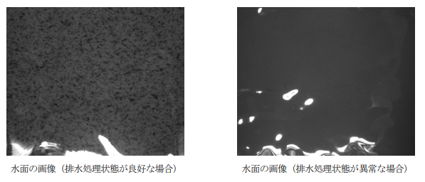 凝集沈殿槽の水面の画像。排水処理状態が良好な場合（左）と異常な場合