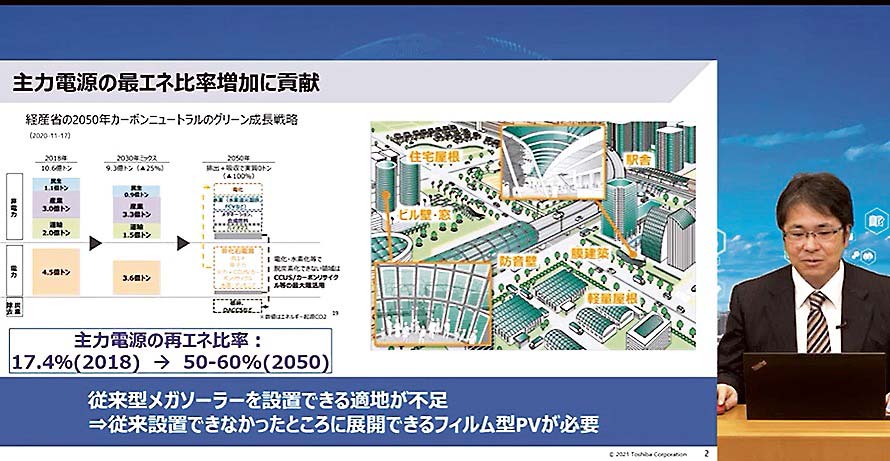 オンラインで、フィルム型太陽電池を説明する東芝の担当者。エレクロトニクス業界のイノベーションには他業界からも期待がかかる