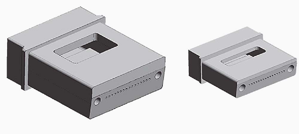 SN－MTコネクター用16心MTフェルール（右）と通常サイズの16心MTフェルール