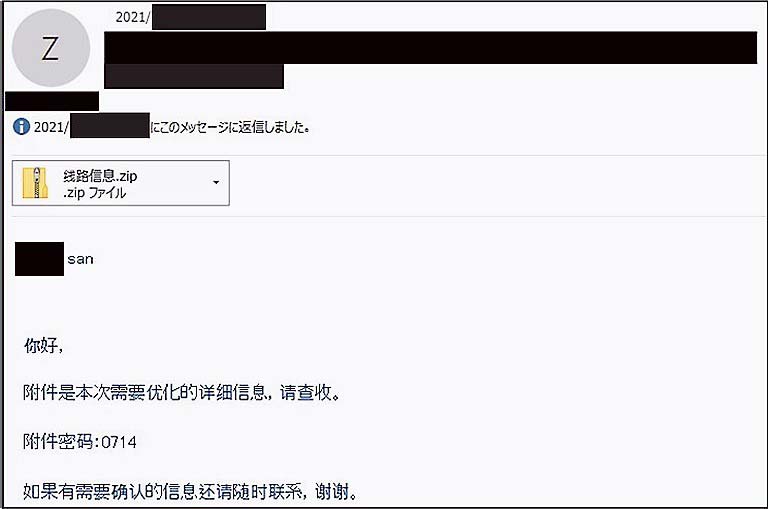 標的型メールの事例。日本企業を騙り、組織の海外関連企業へ送付された（提供＝トレンドマイクロ）