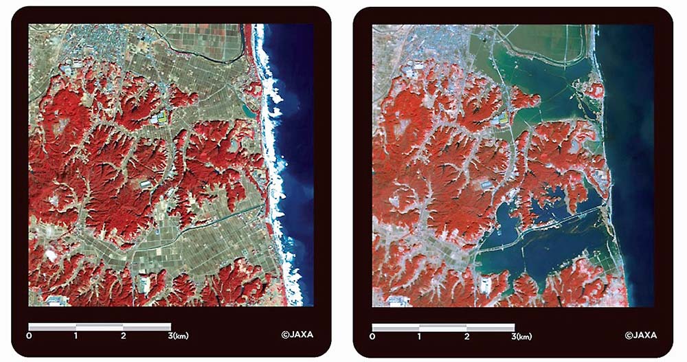 「だいち」が東日本大震災で津波によって冠水した地域を観測した画像。発災前（左）と発災後