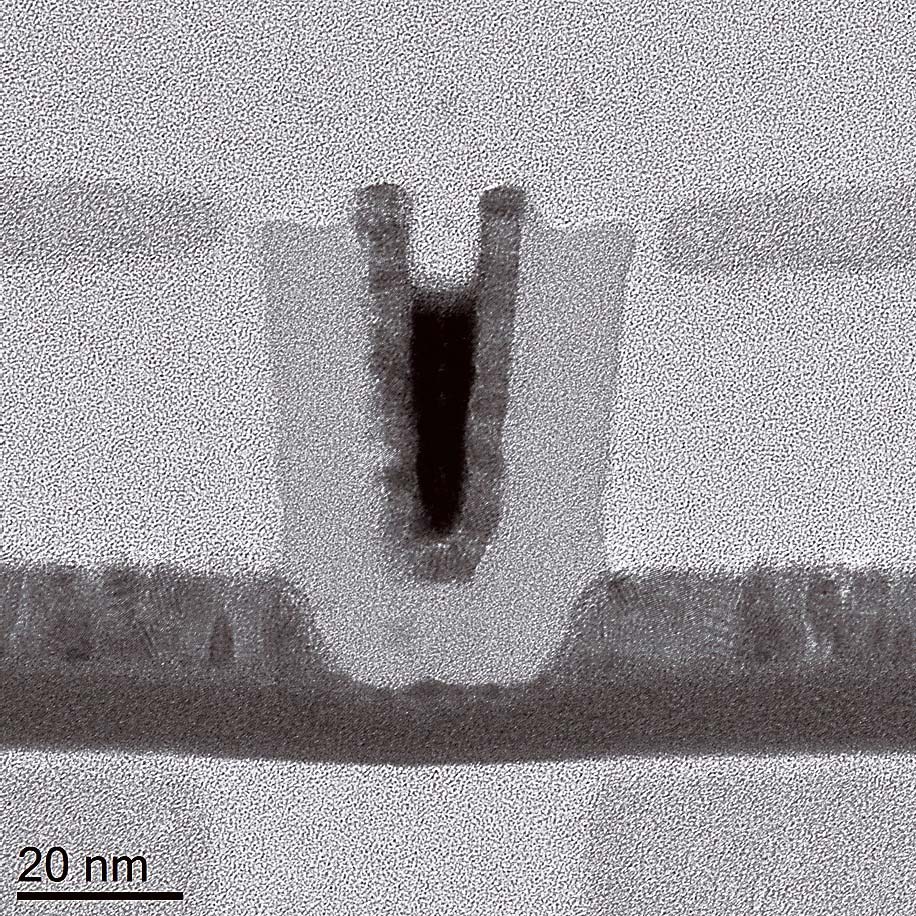 【図1】（a）酸素トンネルを持つゲートラスト構造で、ゲート長14nmの単一IGZOトランジスタの模式図と（b）TEM像（2021 IEDMで発表されたもの）