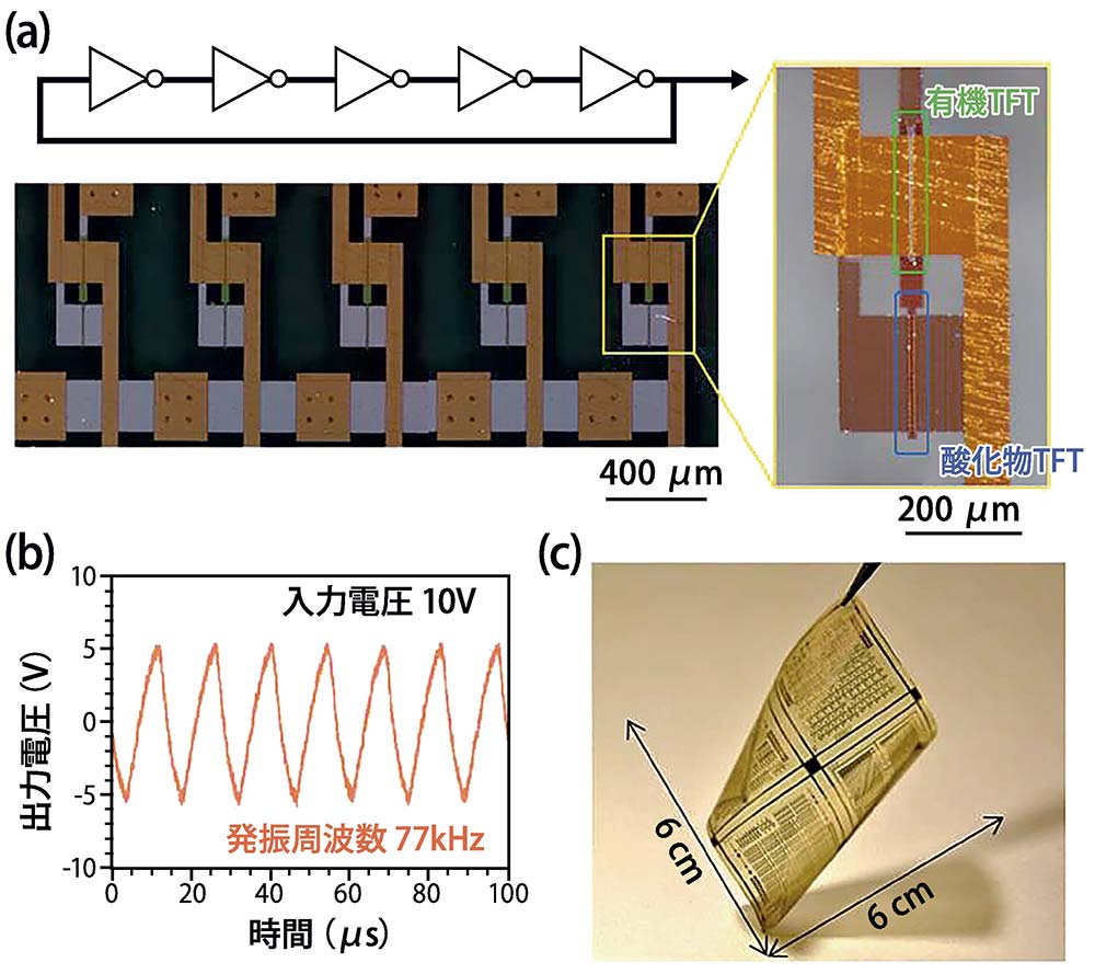 【図2】（a）相補型5段リングオシレーターの回路図と光学顕微鏡像（b）駆動電圧10Vにおける発振波形（c）フィルムデバイスのイメージ