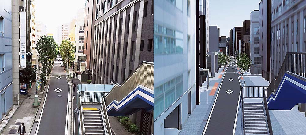 横浜市庁舎近くの入船通りの実際の写真（左）と、3D都市モデルを元に作成したデジタルツイン画像（右）