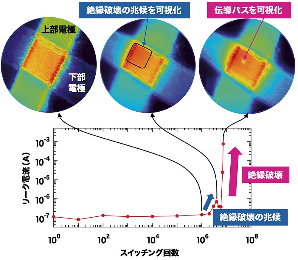 【図2】Laser-PEEMによって観察されたスイッチング回数の増加に伴う強誘電体キャパシターの欠陥分布。リーク電流計測で絶縁破壊の兆候が観測されたと同時に、キャパシターの左上の領域で欠陥密度が増加していることが示された。絶縁破壊後のPEEM観察像では、伝導パスが明瞭に可視化されている