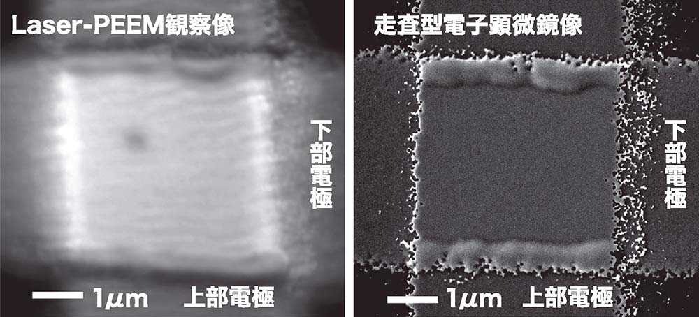 【図3】絶縁破壊後の強誘電体キャパシターのLaser-PEEM像（左）と走査型電子顕微鏡像（右）の比較。走査型電子顕微鏡の検出深さは1から10ナノメートル程度であり、30ナノメートルの上部電極越しに伝導パスを観察することが困難。一方、Laser-PEEM像では伝導パスが可視化できることが明瞭に示された。この比較から、Laser-PEEMは走査型電子顕微鏡よりも深くに埋もれた層を観察可能であることが分かる