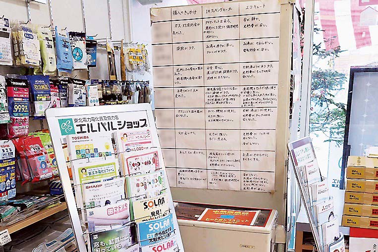 店内には、エコキュートなどを購入した得意客の声が書いてある表も掲示している