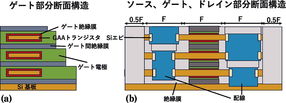 【図2】図1（f）の断面構造、ゲート部分（a）、図1（f）のソース、ゲート、ドレイン部分（ドレイン電流の流れる方向）（b）