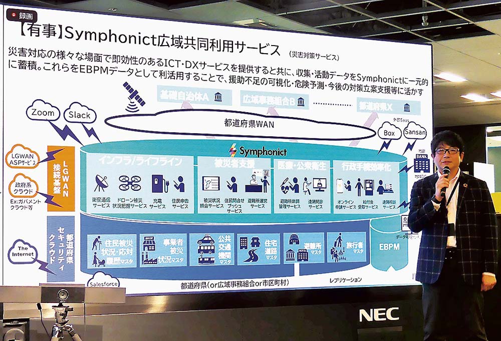 広域共同利用サービスを説明するDXソリューション事業本部ビジネスクリエーション本部の園部本部長代理