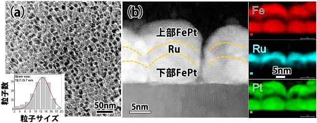 【図2】FePt／Ru／FePtの(a)面内の微細組織および(b)断面の微細組織と原子マップ像。FePt粒子の平均粒子サイズは約12nmの均一な微細組織を持っている。断面の透過電子顕微鏡像からは、一つの粒子の中にFePt／Ru／FePtの積層構造が観察でき、それぞれが格子整合していることがわかる。元素マップからはRuが上下FePtに挟まれていることがわかる