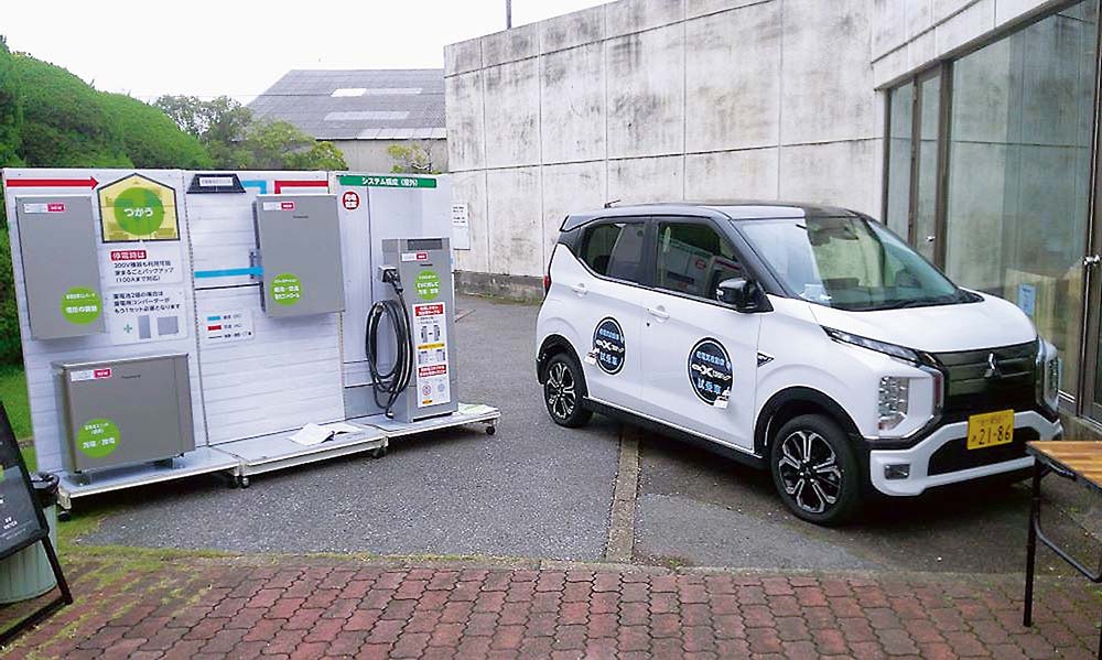 会場外には、V2H蓄電システムと電気自動車が展示された