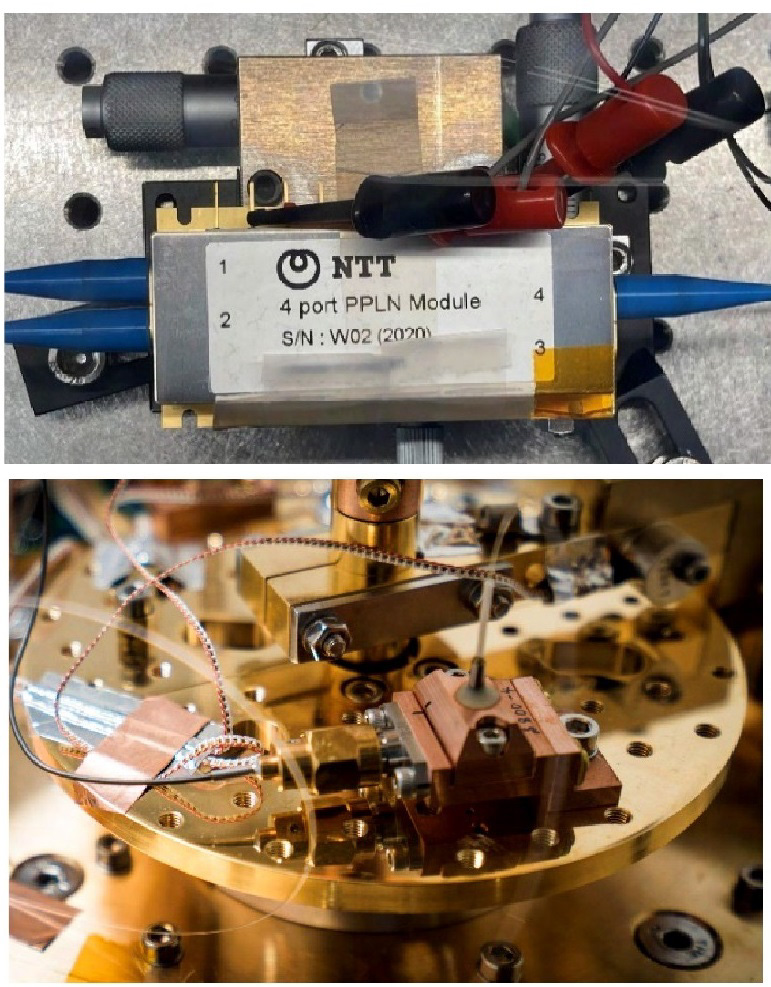光パラメトリック増幅器(OPA、写真上)と超伝導光子検出器（写真下）