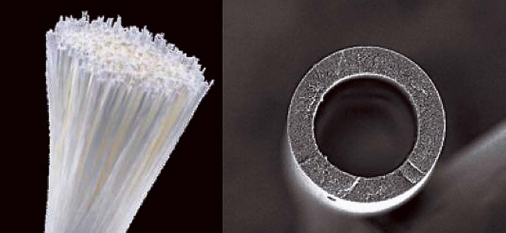 分離膜デバイスに充塡（じゅうてん）される中空糸とその断面写真