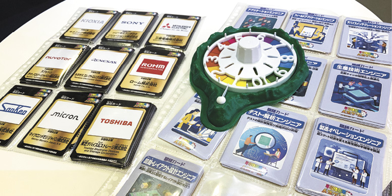 「半導体産業人生ゲーム」の参加者には、半導体関連の「会社カード」や「職種カード」が配られた