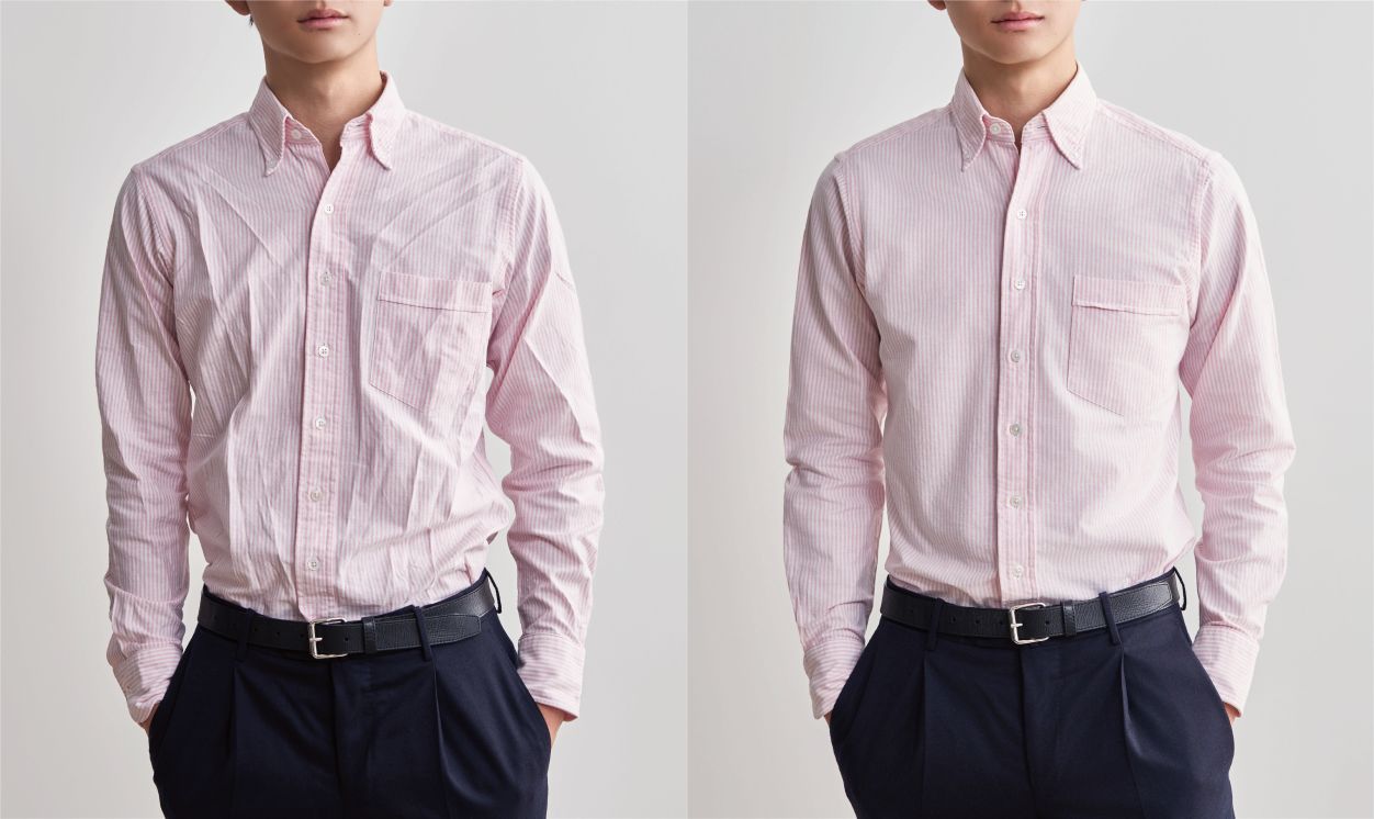 使用前後の衣類で着た印象が大きく変わる(右が使用後)