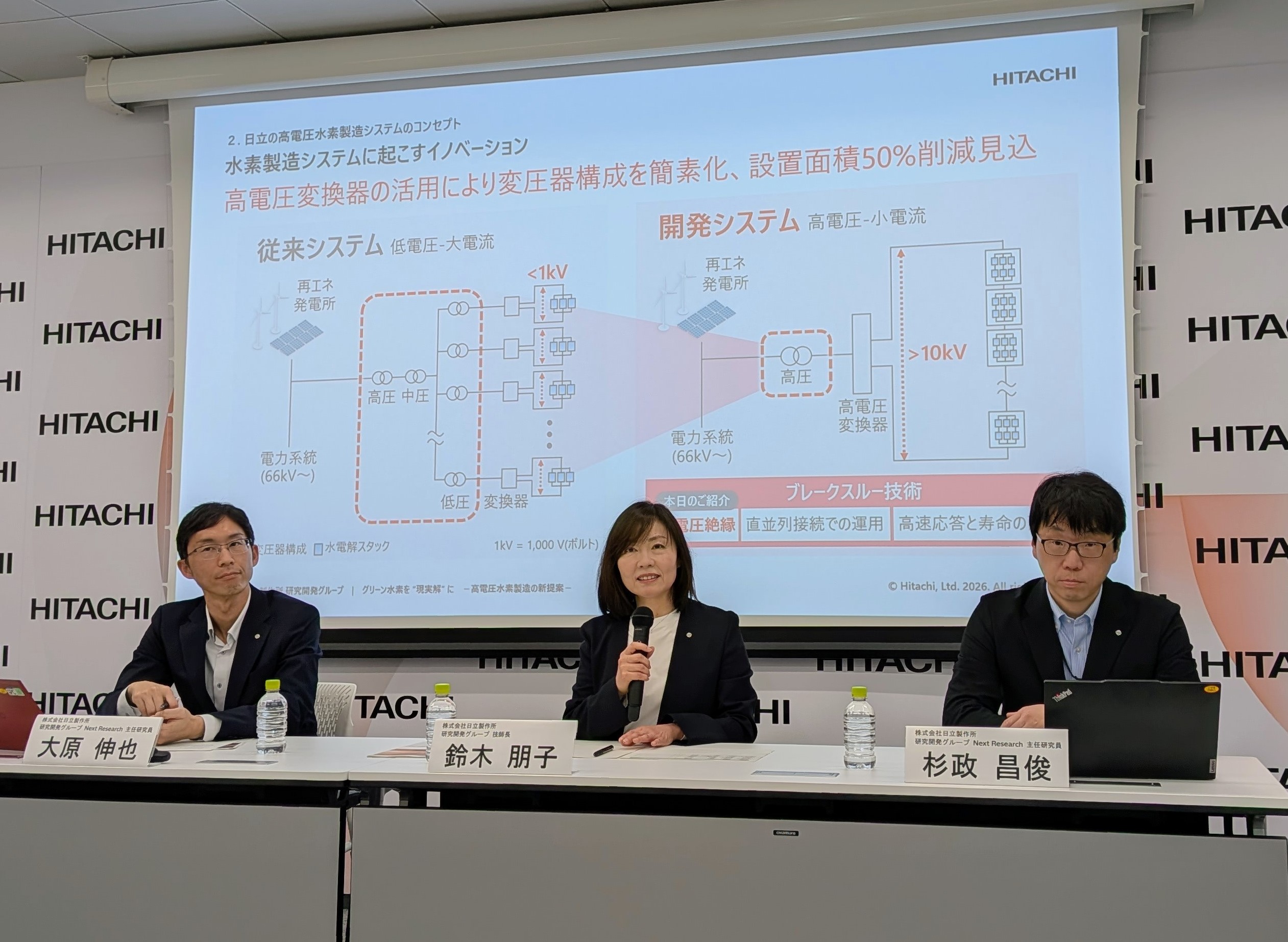 説明会に臨む日立製作所の研究開発グループの鈴木朋子技師長（中央）ら＝東京都千代田区