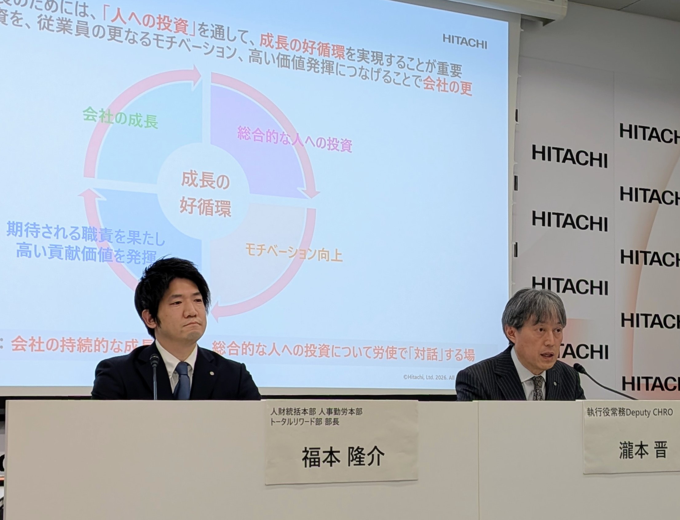 記者会見で春闘に臨む方針を説明する日立の瀧本執行役常務