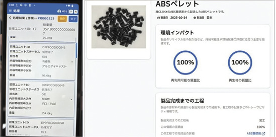 情報記録画面（左）と再生した素材のDPP（右）