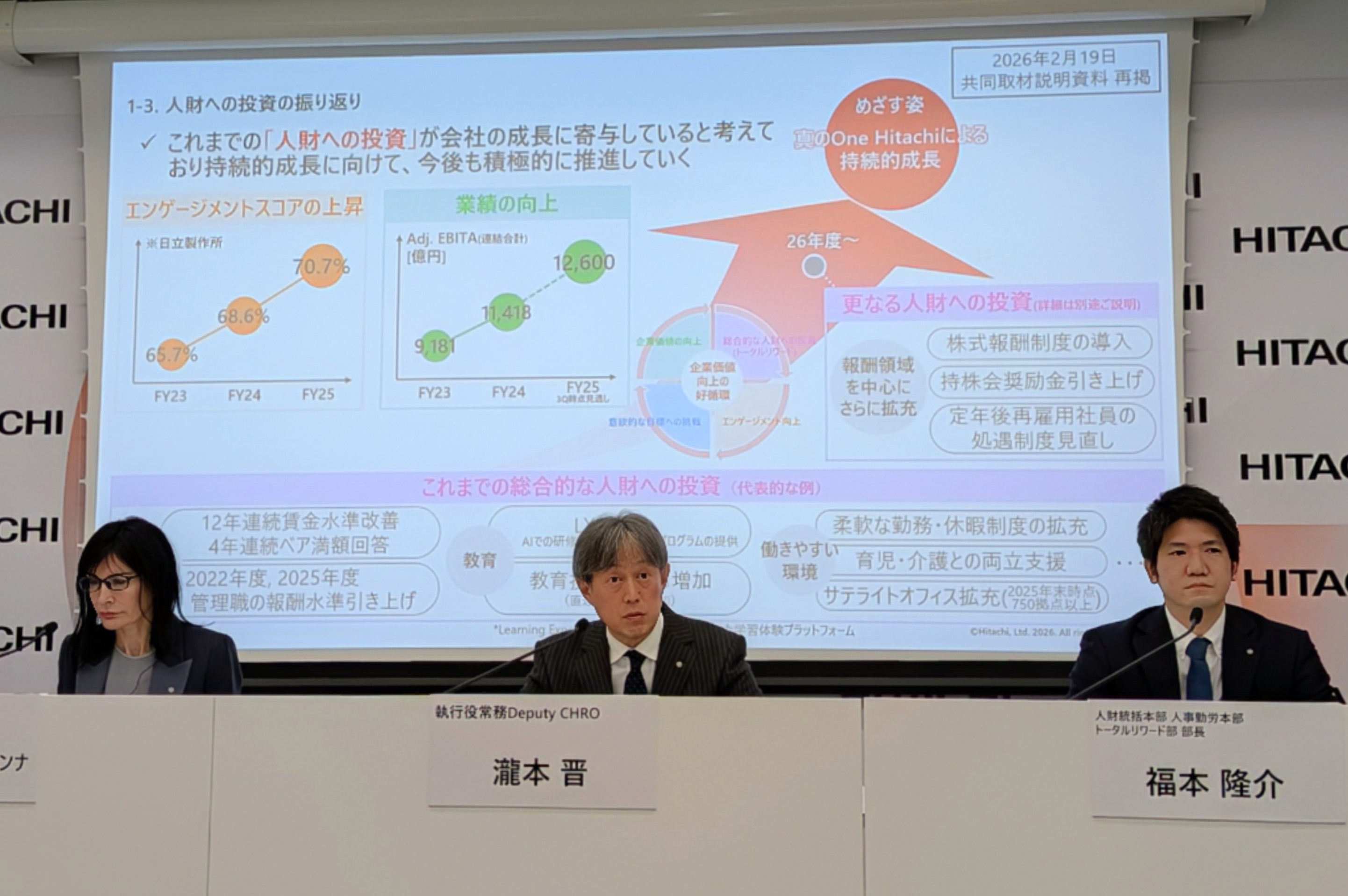 会見で人材投資について説明する日立製作所の瀧本執行役常務ら＝東京都千代田区