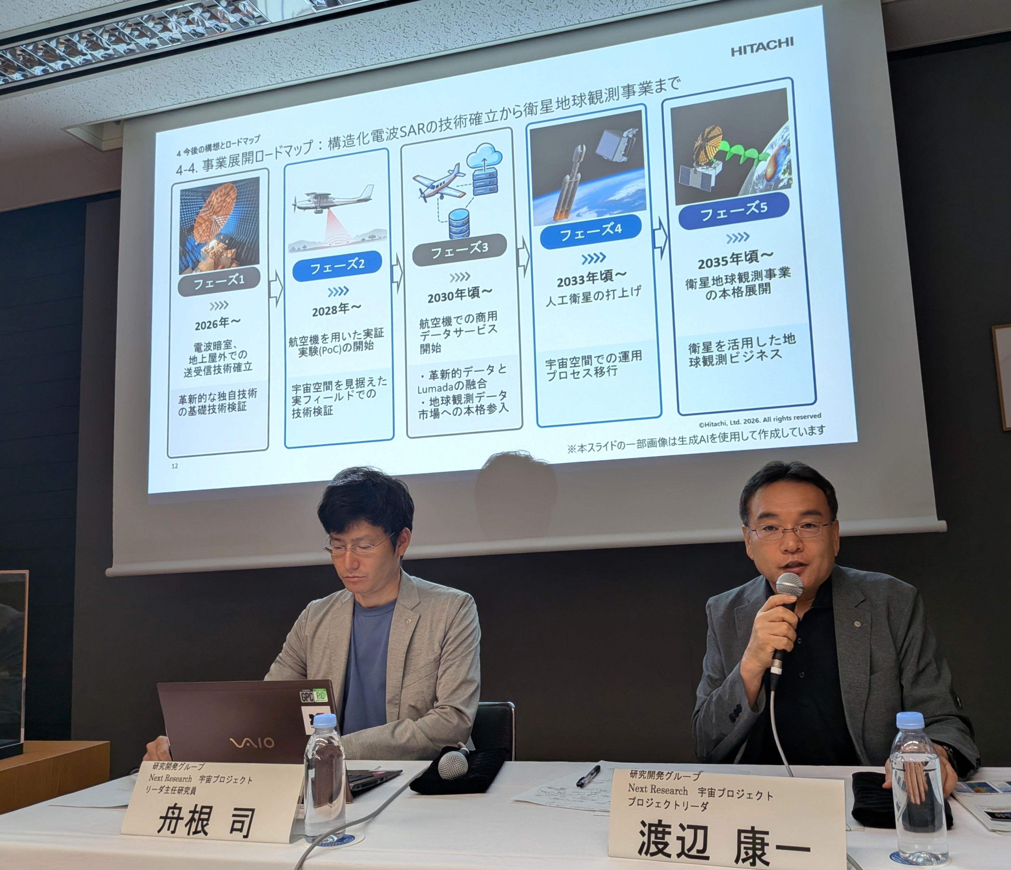構造化電波技術の開発計画などについて説明する日立研究開発グループNext Researchプロジェクトリーダの渡辺康一氏（右）ら